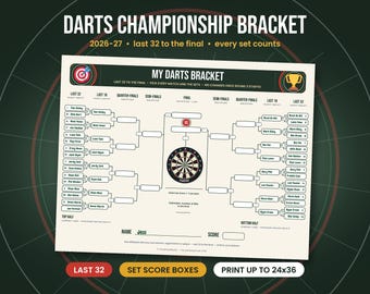Darts Championship Bracket 2026-27 Printable, Darts Wall Chart Last 32 to Final, Set Score Boxes, Darts Sweepstake Game, Poster A4 to 24x36