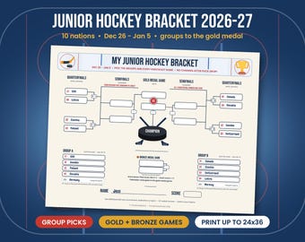Junior Hockey Tournament Bracket 2026-27 Printable, Hockey Bracket with Group Picks, Gold and Bronze Medal Games, Holiday Hockey Game