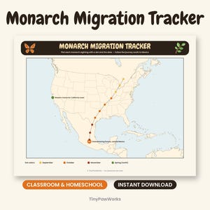 May include: A Monarch Migration Tracker educational chart featuring a map of North America with a dotted path leading to Mexico. The text reads Monarch Migration Tracker, with a legend for dot colors representing September, October, November, and Spring.
