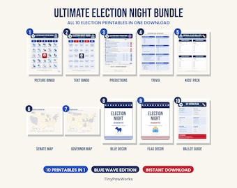 May include: A digital bundle of 10 election-themed printable documents titled Ultimate Election Night Bundle. Includes picture bingo, text bingo, prediction sheets, trivia, kids' ballots, US maps, and decor signs with blue and red accents.