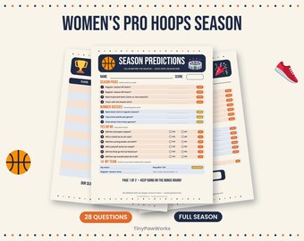 May include: A printed Women's Pro Hoops Season prediction sheet featuring a basketball graphic, a stadium icon, and a list of questions for season picks, number guesses, and yes or no queries. The document includes a score box and team sections.