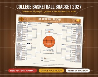 College Basketball Tournament Bracket 2027 Printable, 64 Team Bracket with Play-In Games, Office Pool, Bracket Wall Poster 24x36