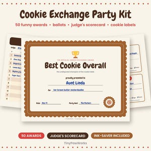 May include: A Cookie Exchange Party Kit featuring a Best Cookie Overall award certificate with brown scalloped borders, a gold trophy icon, and spaces for names and dates. Includes 50 funny awards, ballots, judge's scorecards, and cookie labels.