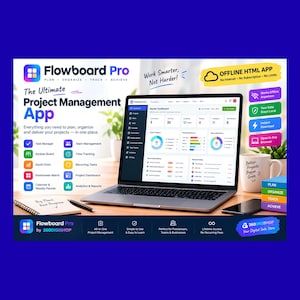 Könnte beinhalten: Ein Laptop zeigt das Dashboard der Projektmanagement-App Flowboard Pro. Der Bildschirm zeigt Projektkennzahlen, Diagramme und Aufgabenlisten. Zu sehen sind zudem ein Notizbuch mit dem Text Big Plans Real Progress, eine Tasse und ein Smartphone. Die Grafik enthält Details zu Funktionen wie Task Manager, Kanban Board und Gantt Chart sowie einen Hinweis auf eine Offline-HTML-App.