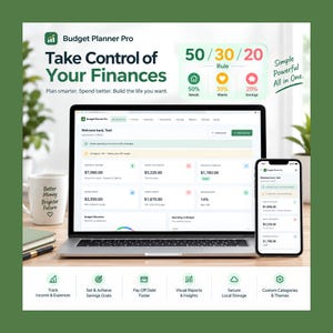Może przedstawiać: Laptop i smartfon wyświetlające interfejs Budget Planner Pro z pulpitami finansowymi. Ekran pokazuje dane o dochodach, wydatkach i oszczędnościach. Tekst zawiera 'Take Control of Your Finances' oraz zasadę '50/30/20' dotyczącą budżetowania.