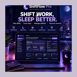 May include: A laptop displaying the ShiftFlow Pro dashboard with a dark purple interface. The screen shows a night shift schedule, sleep tracker, and caffeine log. Text reads: ShiftFlow Pro, Shift Work, Sleep Better, Plan shifts, Track sleep.