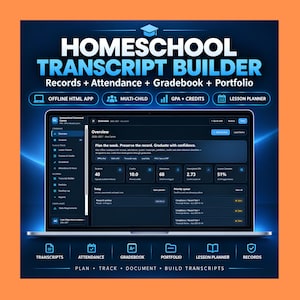 May include: A digital software interface titled Homeschool Transcript Builder displayed on a laptop screen. The dashboard features sections for records, attendance, gradebook, and portfolio, with icons for offline app, multi-child, GPA, and lesson planner.