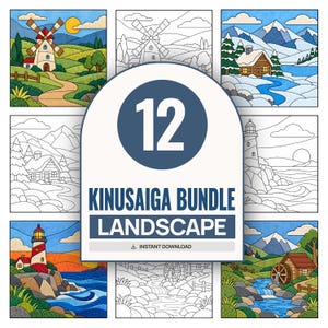 May include: A digital collection of 12 Kinusaiga landscape patterns featuring colored and line art versions of windmills, snowy cabins, lighthouses, and water mills. The central white label displays the text 12 KINUSAIGA BUNDLE LANDSCAPE.
