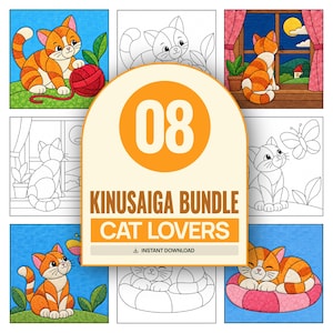 Può includere: Un pacchetto digitale Kinusaiga per amanti dei gatti con otto disegni di gatti tigrati arancioni in varie scene, tra cui giocare con il gomitolo, guardare fuori dalla finestra e dormire, in versioni a colori e in bianco e nero.