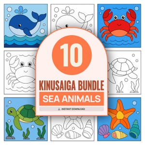 May include: A digital collection of 10 sea animal illustrations featuring colored and line art versions of a whale, crab, turtle, starfish, and seashells. The central overlay displays the text 10 KINUSAIGA BUNDLE SEA ANIMALS INSTANT DOWNLOAD.