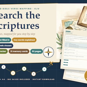 May include: A digital guided Bible verse mapping kit titled Search the Scriptures KJV. Features include 31 verses, context, keywords, cross-references, a trail tracker, 31 memory cards, and 93 pages. Includes letter and A4 sizes.