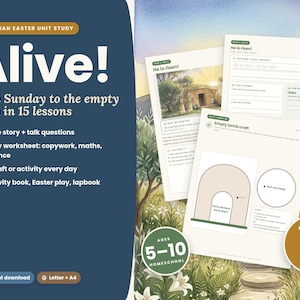Op de afbeelding: Een christelijke paasstudie getiteld Alive! Palm Sunday to the empty tomb in 15 lessons. De printbare set van 111 pagina's bevat bijbelverhalen, werkbladen en knutselwerkjes voor kinderen van 5-10 jaar met afbeeldingen van een graf.