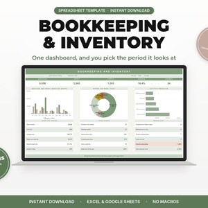 Small Business Bookkeeping and Inventory Excel Google Sheets 24 tabs one dashboard any period stock orders margin and dark mode included