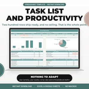 Task List and Productivity Planner Excel Google Sheets 14 tabs 200 rows no ceiling real recurring tasks Eisenhower matrix dark mode