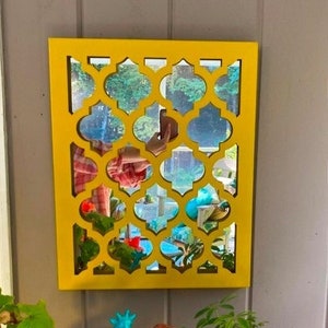 1970s Mirror Yellow Retro Bohemian Moroccan Style Grid Over Glass MCM Midcentury Wall Decor