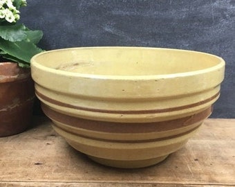 Yellow Ware Bowl Brown Band Vintage Old Pottery Rustic Farmhouse Kitchen Dining Decor Earthenware Bowl Yelloware