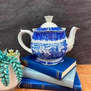 Vintage Blue White Teapot Arabia Landscape Pattern RARE Transferware By Arabia Of Finland