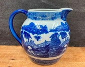 Vintage Blue Willow Milk Pitcher Or Water Jug REPRODUCTION Victoria Ware Ironstone Circa 1980