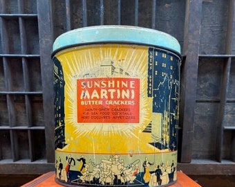 Vintage Tin Sunshine Martini Butter Crackers Tin Loose Wiles Biscuit Co Art Decor Graphics Advertising Tin RARE TIN