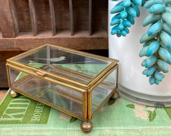 Vintage Small Glass and Brass Footed Box Boho Bohemian Decor Etched Bird On Top Made in Mexico
