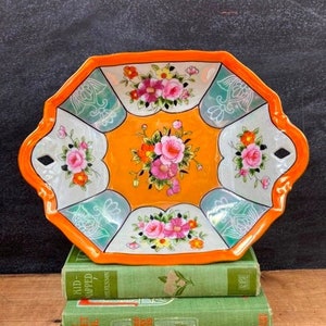 Vintage Lusterware Serving Dish Porcelain Orange And Gray Made In Japan Rose and Floral Pink Details Shallow Bowl For Display