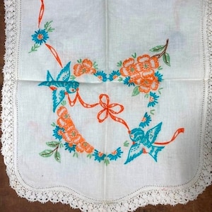 Vintage Embroidered Bluebirds Table Runner: Handmade Dresser Scarf