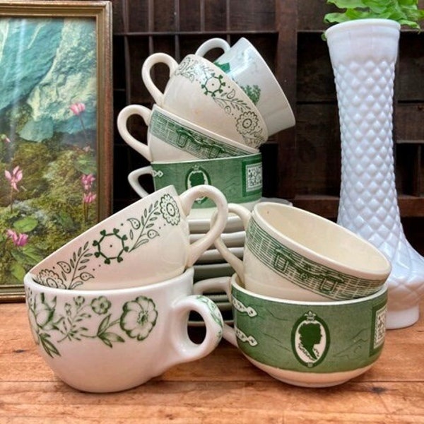 Green Transferware Tea Cup and Saucer YOUR CHOICE Colonial Homestead Currier & Ives Scio Pottery Weathervane Sterling Staffordshire Ware
