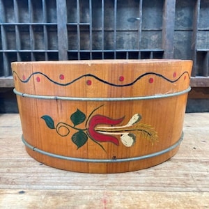 Primitive Wood Bowl Wooden Slat Wire Banding Primitive Tub Bucket Vintage Tole Painted Folk Art Primitive Wooden Bucket Staved