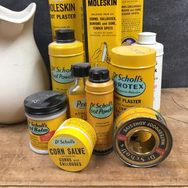 Dr Scholl's Tin Collection Vintage Moleskin Solvex Kurotex Foot Plaster Milk Glass Jars Medical Tins Canisters