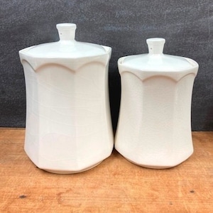 White Canisters 2 Vintage Covered Kitchen Ceramic Jars Containers For Storage Designed For Jay Import Company CRAZING