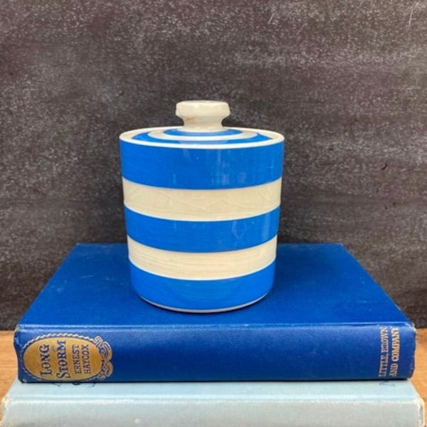 Vintage Honey Or Jam Pot T G Green Church Gresley Cornish Kitchenware  Blue White Bands Restyled by Judith Onions Made In England