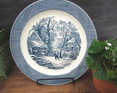 Blue White Chop Plate Round Cake pLatter Currier And Ives A Snowy Morning by Royal