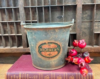 Vintage Tin Bucket "Behrens"  Label Rustic Primitive Decor Planter Farmhouse Style Storage