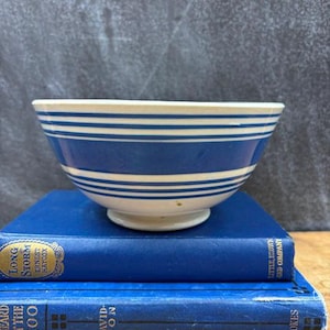 May include: A blue and white striped ceramic bowl sits atop two blue books. The bowl has a white rim and base, with horizontal blue stripes. The books are a deep blue color, with gold lettering.
