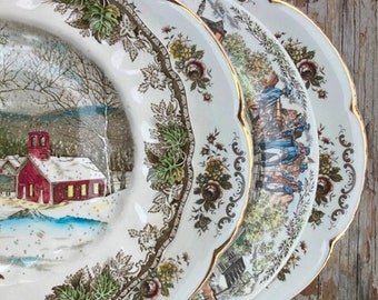 Mismatched Holiday Plates Green And Multi Transferware Friendly Village Wood & Sons Williamsburg Virginia Commemorative Transferware