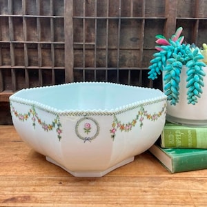 Vintage Porcelain Jardinière: Rose Garland Beaded Rim Square Bowl