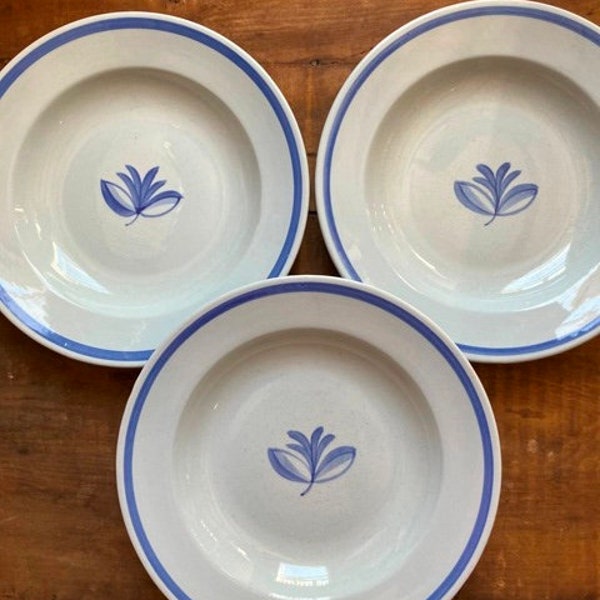 Vintage Blue and White Bowls Swedish Gefle Blatt Band 3 Rimmed Soup Bowls Blue Ribbon Pattern Made In Sweden MCM Midcentury Table Decor