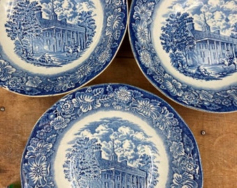 Vintage Liberty Blue Soup Or Cereal Bowls  Blue Transferware Ironstone Historic Colonial Scenes Made in England Mount Vernon NOTE CONDITION