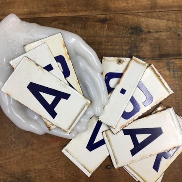 Small Porcelain Letter(s) Antique Enamel Letter Plates With Grommets Blue White Sold Individually