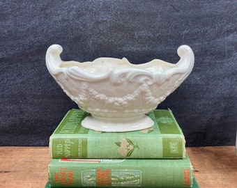 Vintage Ironstone Small Tureen White Ceramic Small Footed Side Dish Gravy Boat or Planter Highly Embossed Made In Japan CRAZING No Lid