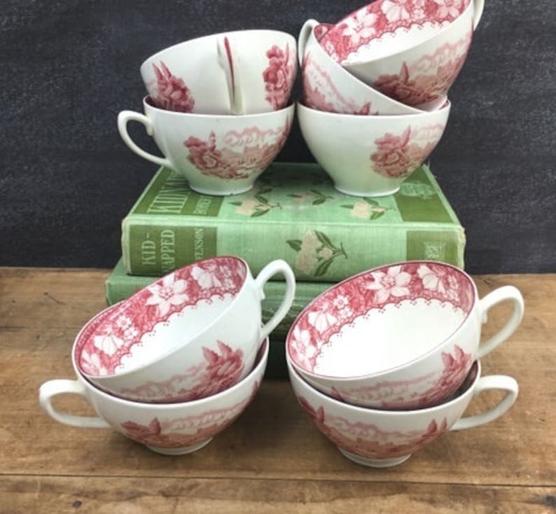 Red Transferware Tea Cups 9 Colonial Wood /& Sons Burslem England Antique Vintage Teacup Display