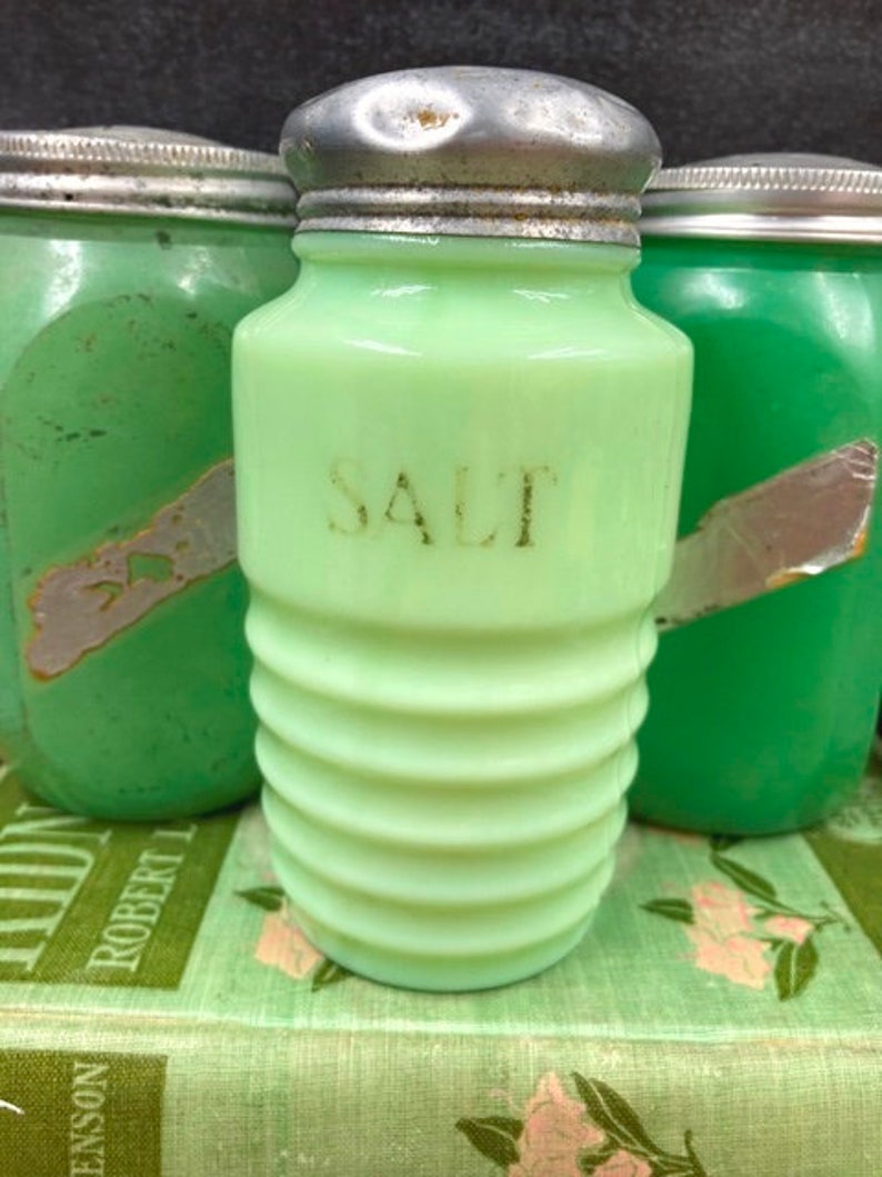 Vintage Jadite Salt Shaker and Two Painted Glass Spice Jars Etsy