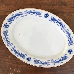 Vintage Blue White Ironstone Platter Dragon China Pattern Made in Taiwan Chinoiserie Style Decor