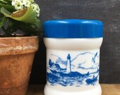 Midcentury Milk Glass Humidor Or Cigar Jar White and Blue Boat Lighthouse Scenes Storage Canister With Lid Man Cave Gift