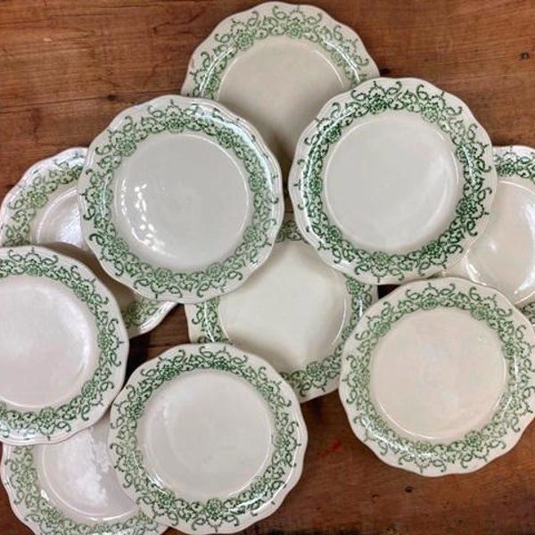 Vintage Green Transferware Small Plate(s) Bread Butter Plate French Saxon China Scallop Edge Price is PER Plate 6 1/4" Plate