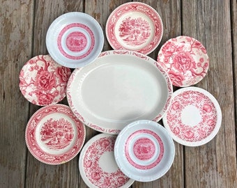 Mismatched Red and White Platter Plates & Saucers Memory Lane English Chippendale Johnson Bros Heinrich Germany Syracuse China Walker China