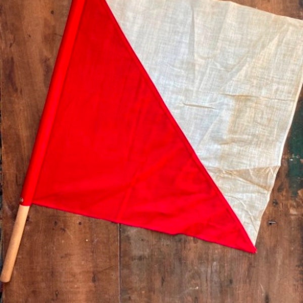 Signal Flag WWII Era Red White Semaphore Flag With Wooden Pole Vintage Nautical Collectible