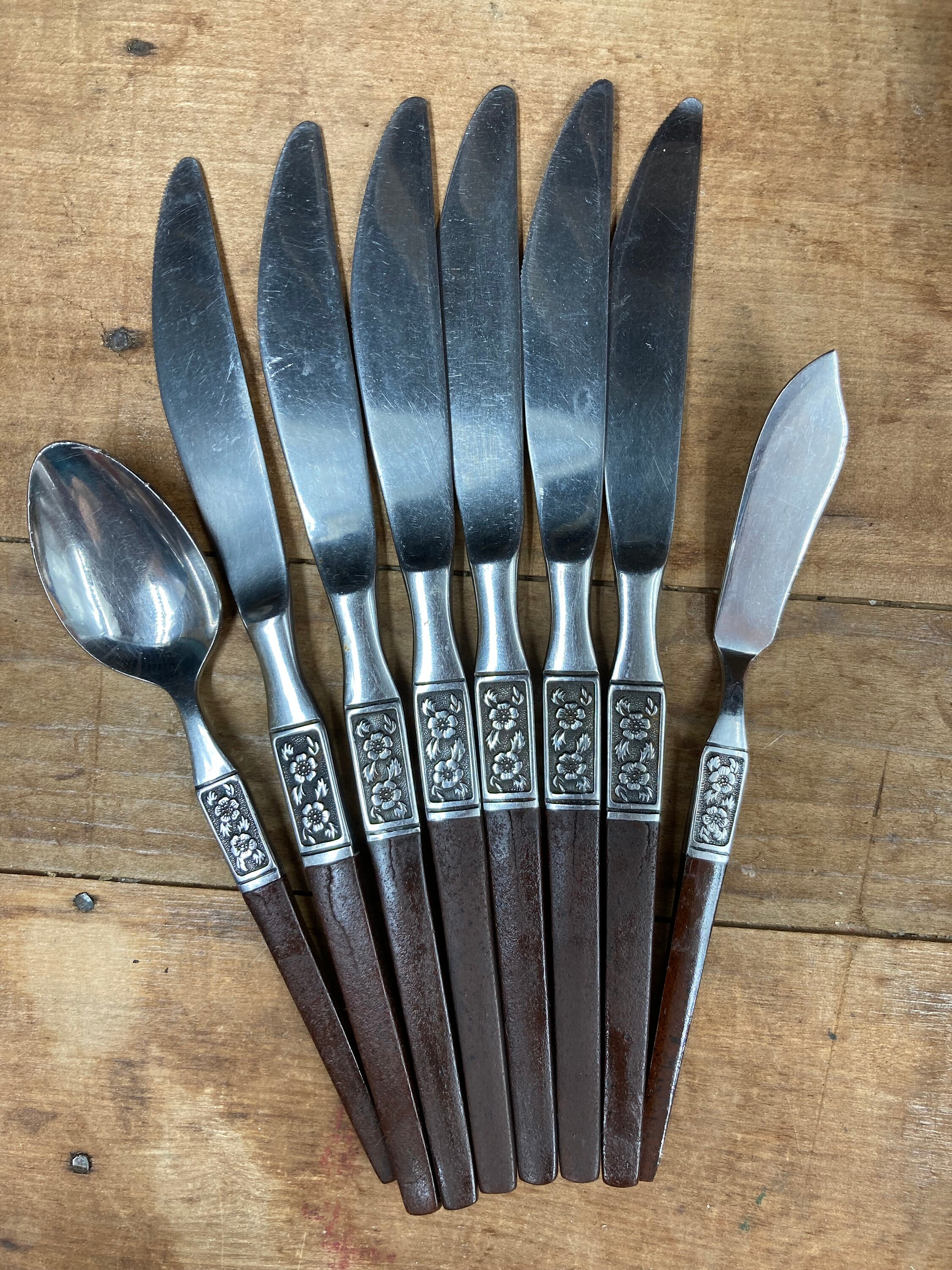 Vintage EKCO Eterna Flatware: Wood Handle Silverware, MCM Knives & Spoon
