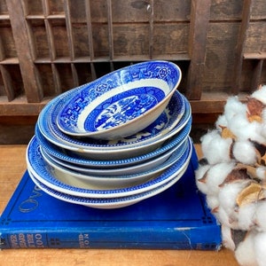 Vintage Blue Willow Bowls: Transferware China Stack
