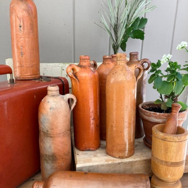 German Stoneware Mineral Water Bottle Victoria Brunnen Late 1800s Rustic Primitive Decor Salt Glazed Clay Bottle